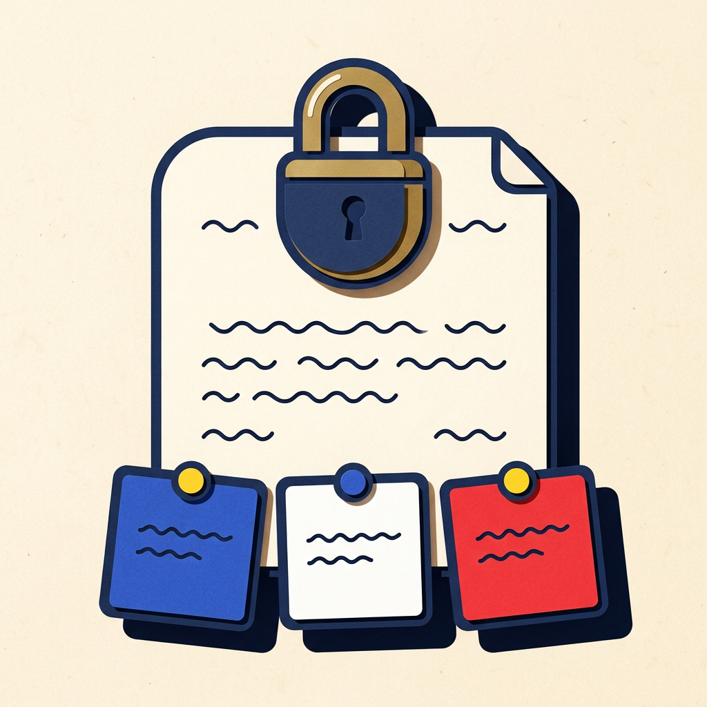 Une feuille de programme fermée par un cadenas, avec trois notes bleue, blanche et rouge épinglées dessous.